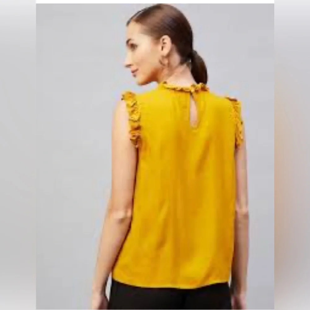 Who What Wear sleeveless ruffle high neck button back mustard blouse